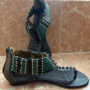 Rampage Black and Green Beaded Sandals Back zipper. Sz 9.5
